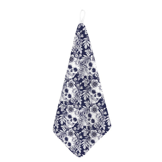 White Blue Skull Floral Pattern Print Hand Towel