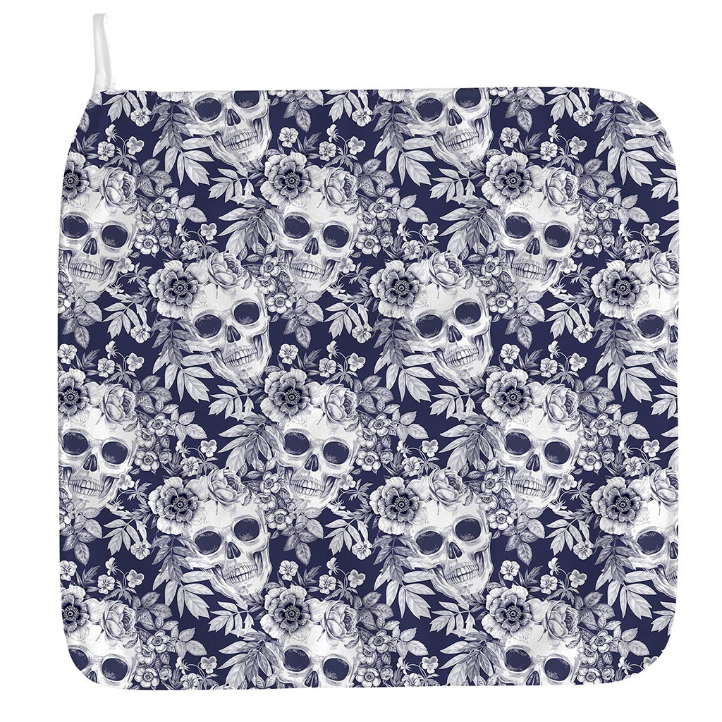 White Blue Skull Floral Pattern Print Hand Towel