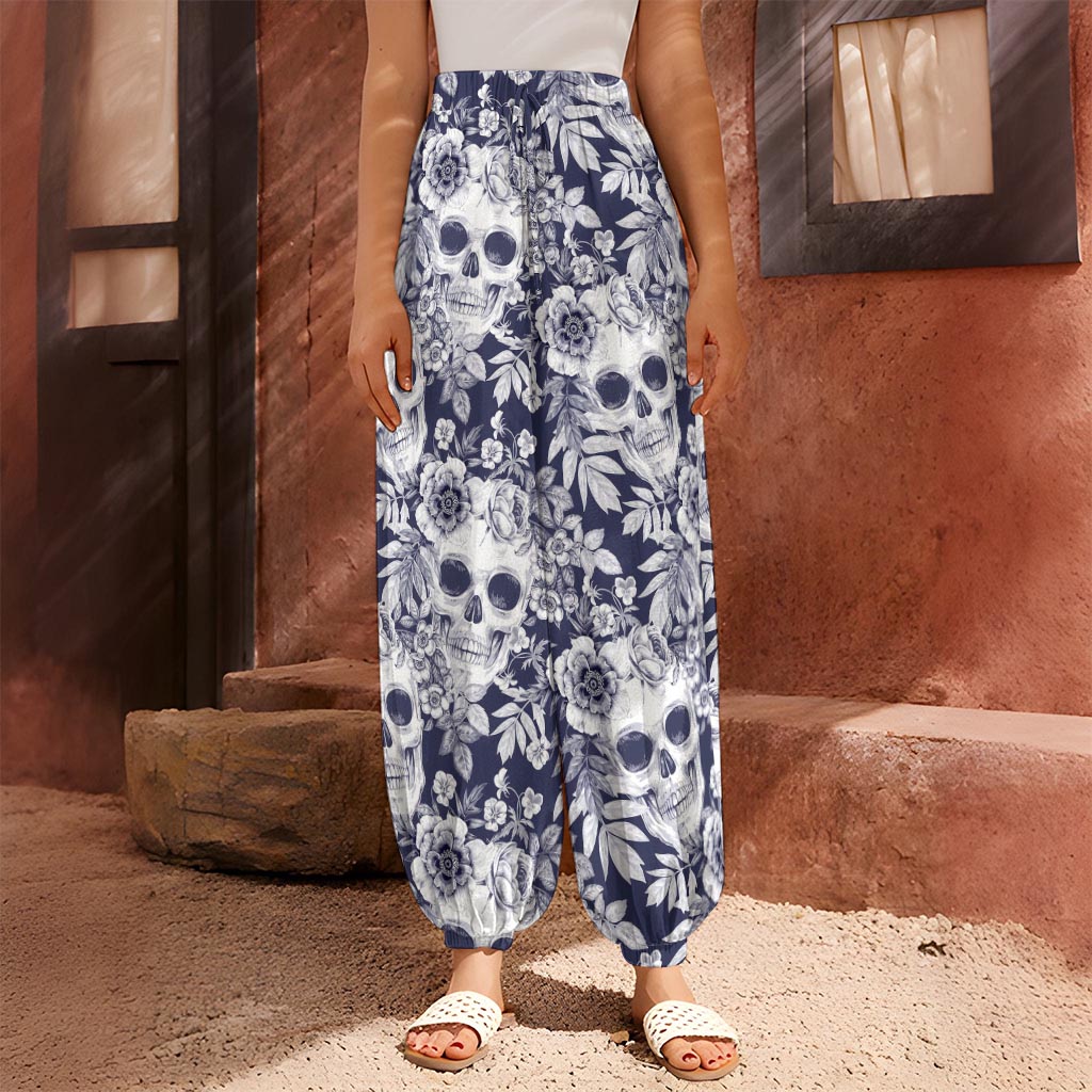 White Blue Skull Floral Pattern Print Harem Pants