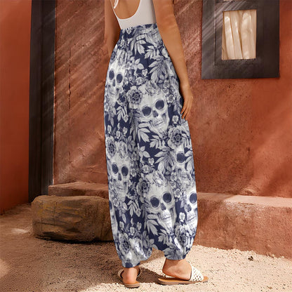 White Blue Skull Floral Pattern Print Harem Pants