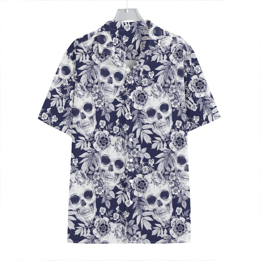 White Blue Skull Floral Pattern Print Hawaiian Shirt