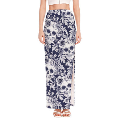 White Blue Skull Floral Pattern Print High Slit Maxi Skirt