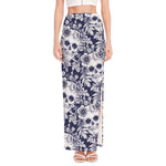 White Blue Skull Floral Pattern Print High Slit Maxi Skirt
