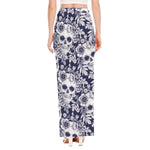 White Blue Skull Floral Pattern Print High Slit Maxi Skirt