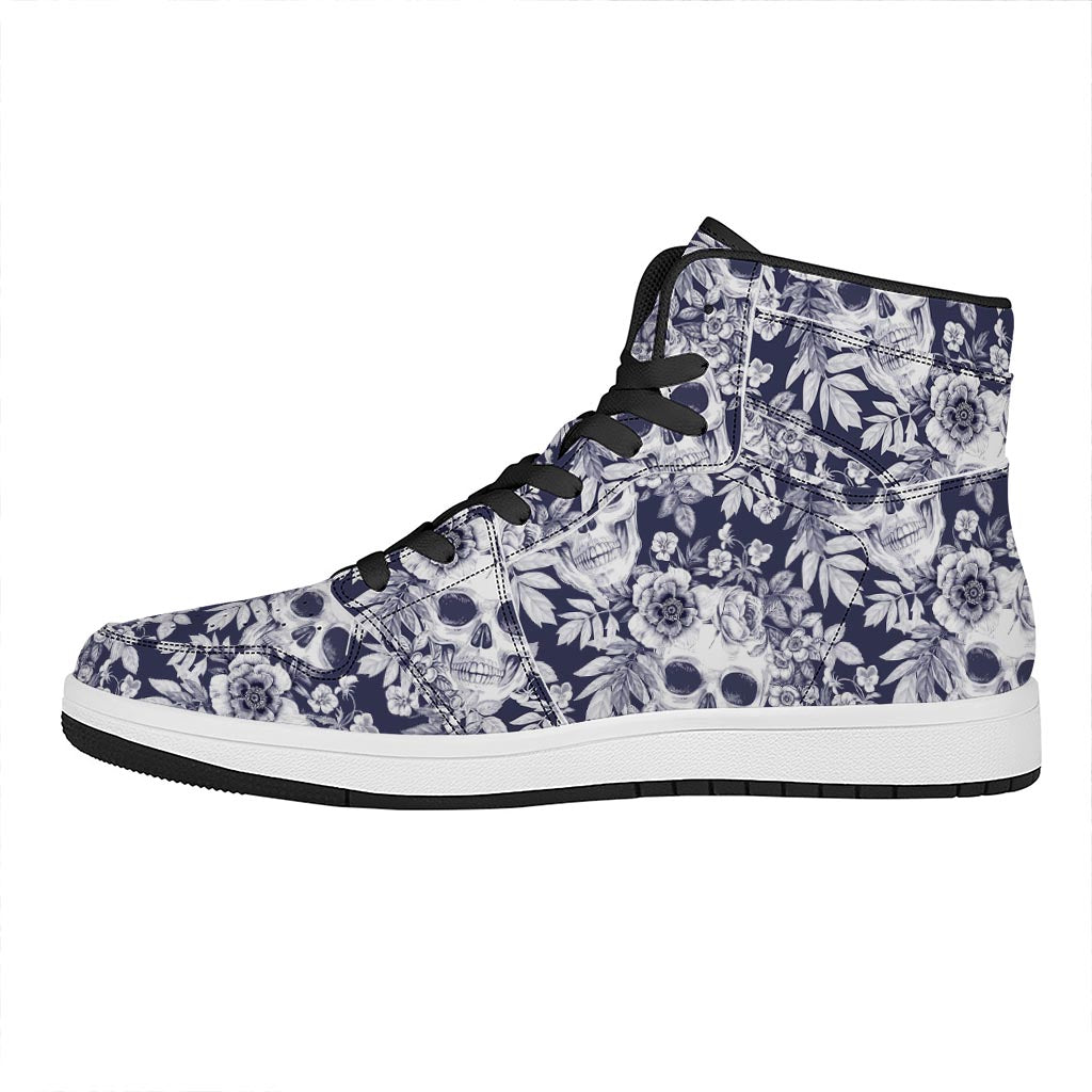 White Blue Skull Floral Pattern Print High Top Leather Sneakers