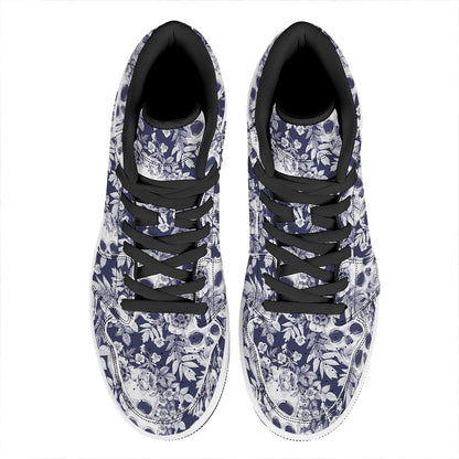 White Blue Skull Floral Pattern Print High Top Leather Sneakers
