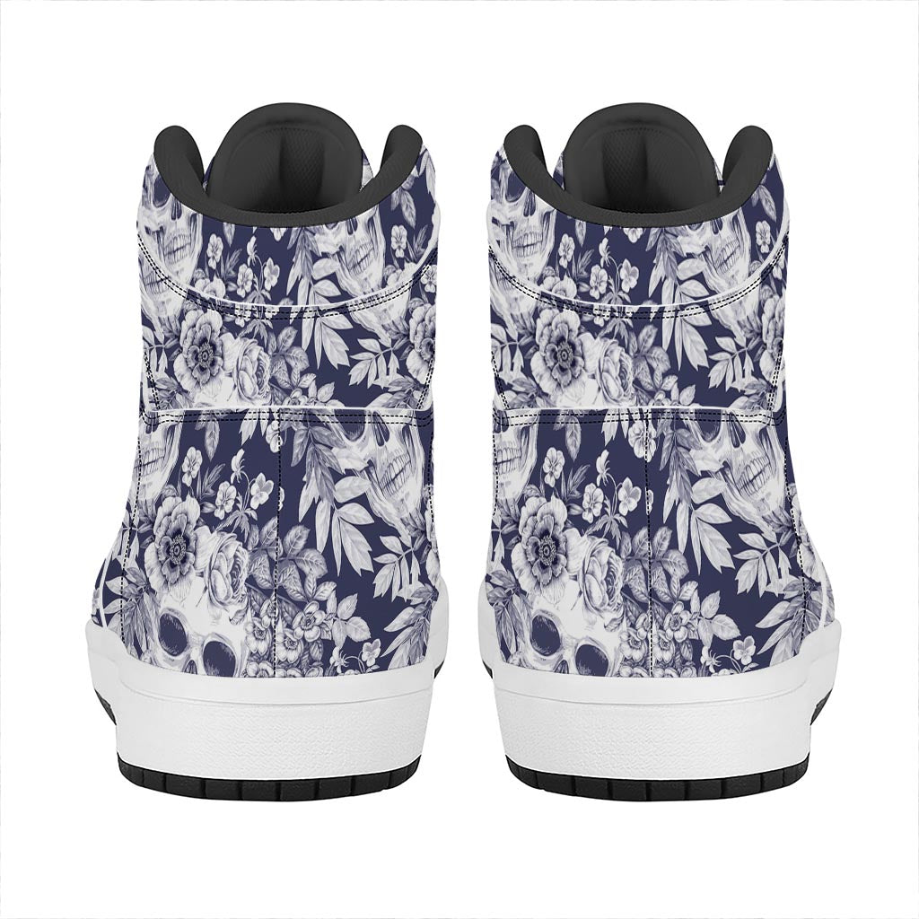 White Blue Skull Floral Pattern Print High Top Leather Sneakers