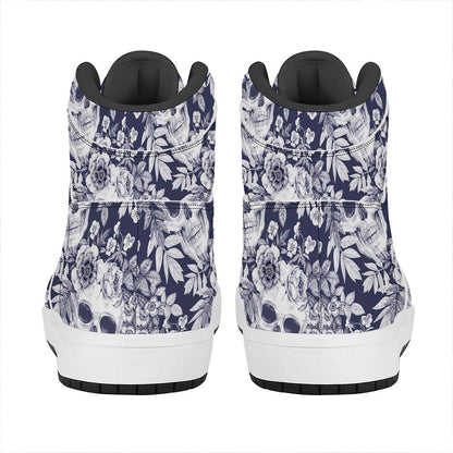 White Blue Skull Floral Pattern Print High Top Leather Sneakers