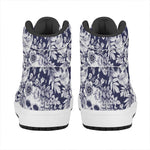 White Blue Skull Floral Pattern Print High Top Leather Sneakers