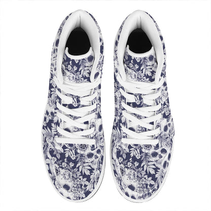 White Blue Skull Floral Pattern Print High Top Leather Sneakers