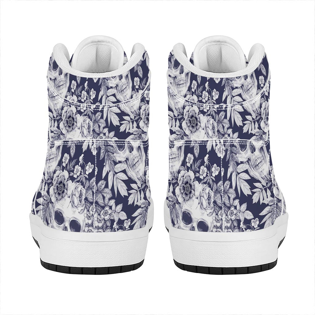White Blue Skull Floral Pattern Print High Top Leather Sneakers