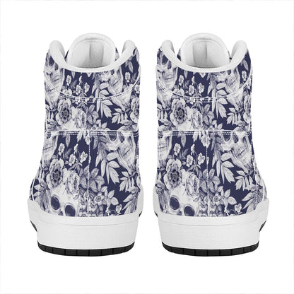 White Blue Skull Floral Pattern Print High Top Leather Sneakers