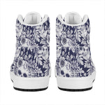White Blue Skull Floral Pattern Print High Top Leather Sneakers