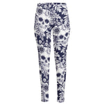 White Blue Skull Floral Pattern Print High-Waisted Pocket Leggings