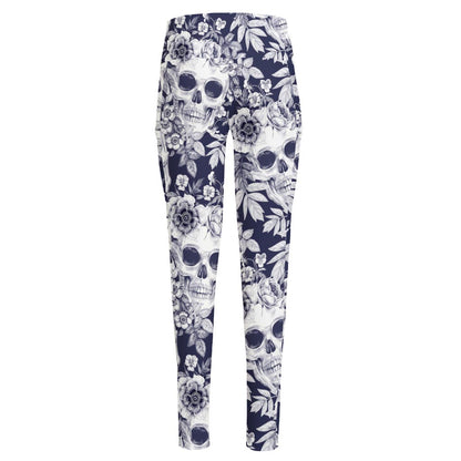 White Blue Skull Floral Pattern Print High-Waisted Pocket Leggings