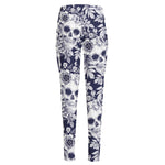 White Blue Skull Floral Pattern Print High-Waisted Pocket Leggings