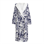 White Blue Skull Floral Pattern Print Hooded Bathrobe
