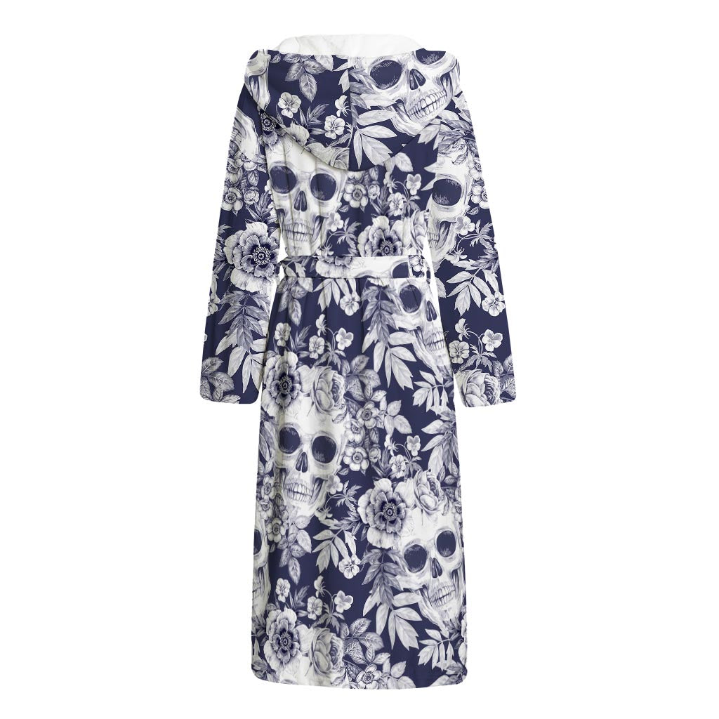 White Blue Skull Floral Pattern Print Hooded Bathrobe