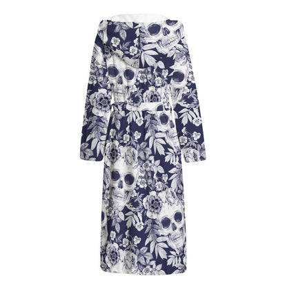 White Blue Skull Floral Pattern Print Hooded Bathrobe