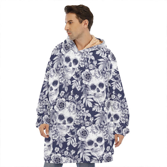 White Blue Skull Floral Pattern Print Hoodie Blanket