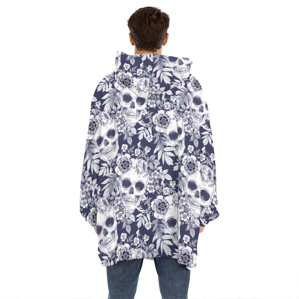 White Blue Skull Floral Pattern Print Hoodie Blanket