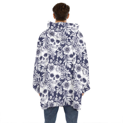 White Blue Skull Floral Pattern Print Hoodie Blanket