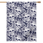 White Blue Skull Floral Pattern Print House Flag