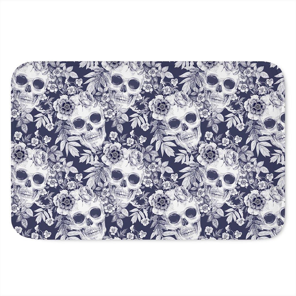 White Blue Skull Floral Pattern Print Indoor Door Mat