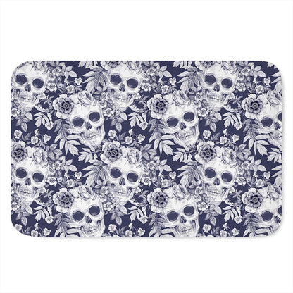 White Blue Skull Floral Pattern Print Indoor Door Mat