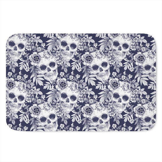 White Blue Skull Floral Pattern Print Indoor Door Mat