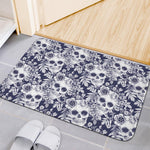 White Blue Skull Floral Pattern Print Indoor Door Mat