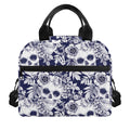 White Blue Skull Floral Pattern Print Insulated Lunch Bag