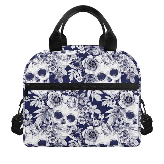 White Blue Skull Floral Pattern Print Insulated Lunch Bag
