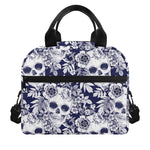 White Blue Skull Floral Pattern Print Insulated Lunch Bag