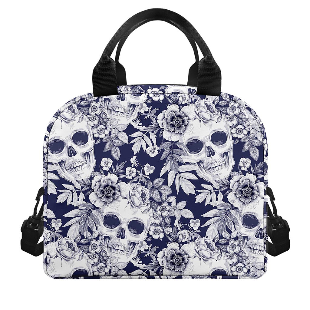 White Blue Skull Floral Pattern Print Insulated Lunch Bag