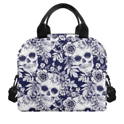 White Blue Skull Floral Pattern Print Insulated Lunch Bag