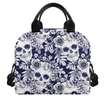 White Blue Skull Floral Pattern Print Insulated Lunch Bag
