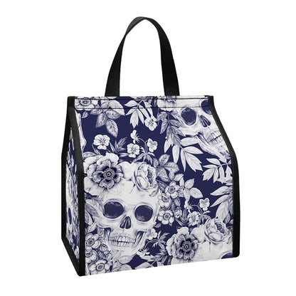 White Blue Skull Floral Pattern Print Insulated Lunch Tote