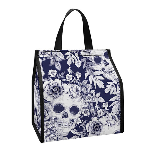 White Blue Skull Floral Pattern Print Insulated Lunch Tote