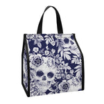 White Blue Skull Floral Pattern Print Insulated Lunch Tote