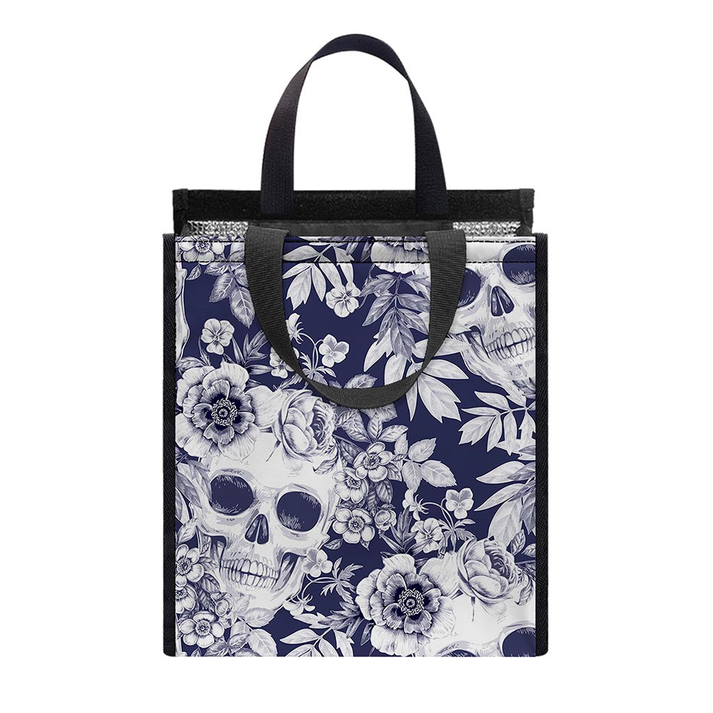 White Blue Skull Floral Pattern Print Insulated Lunch Tote