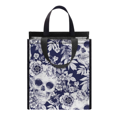 White Blue Skull Floral Pattern Print Insulated Lunch Tote