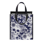 White Blue Skull Floral Pattern Print Insulated Lunch Tote