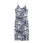 White Blue Skull Floral Pattern Print Jersey Midi Cami Dress