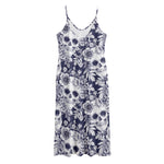 White Blue Skull Floral Pattern Print Jersey Midi Cami Dress