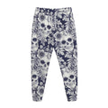 White Blue Skull Floral Pattern Print Jogger Pants