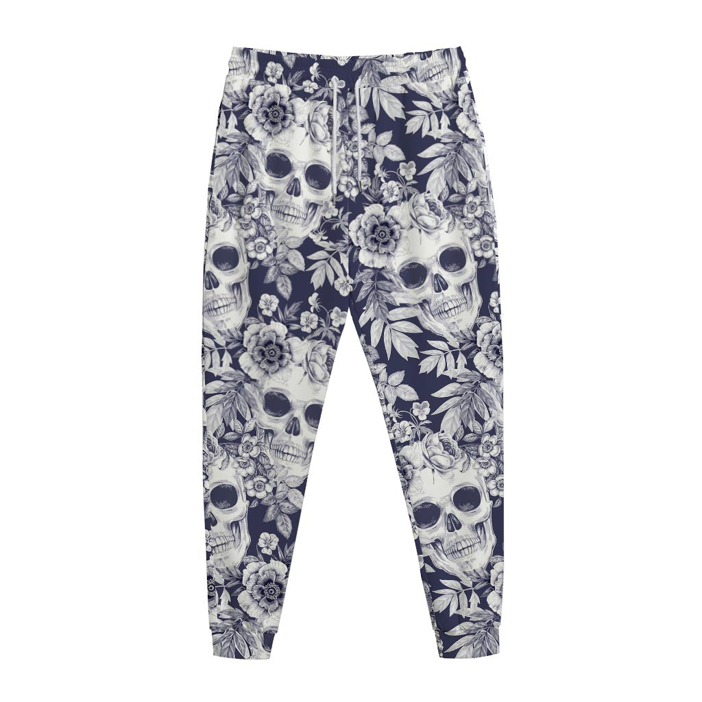 White Blue Skull Floral Pattern Print Jogger Pants