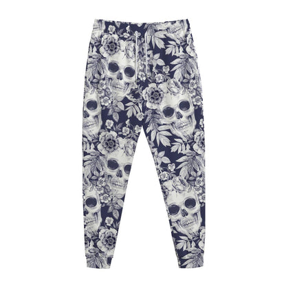 White Blue Skull Floral Pattern Print Jogger Pants