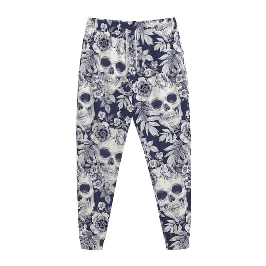 White Blue Skull Floral Pattern Print Jogger Pants