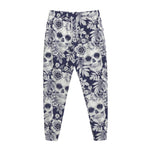 White Blue Skull Floral Pattern Print Jogger Pants